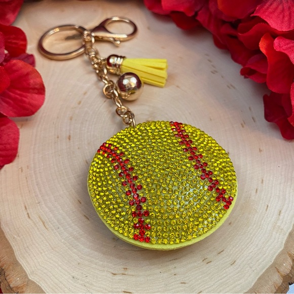 🥎Crystal & Leather Softball Keychain & Yellow Tassel - Picture 6 of 10